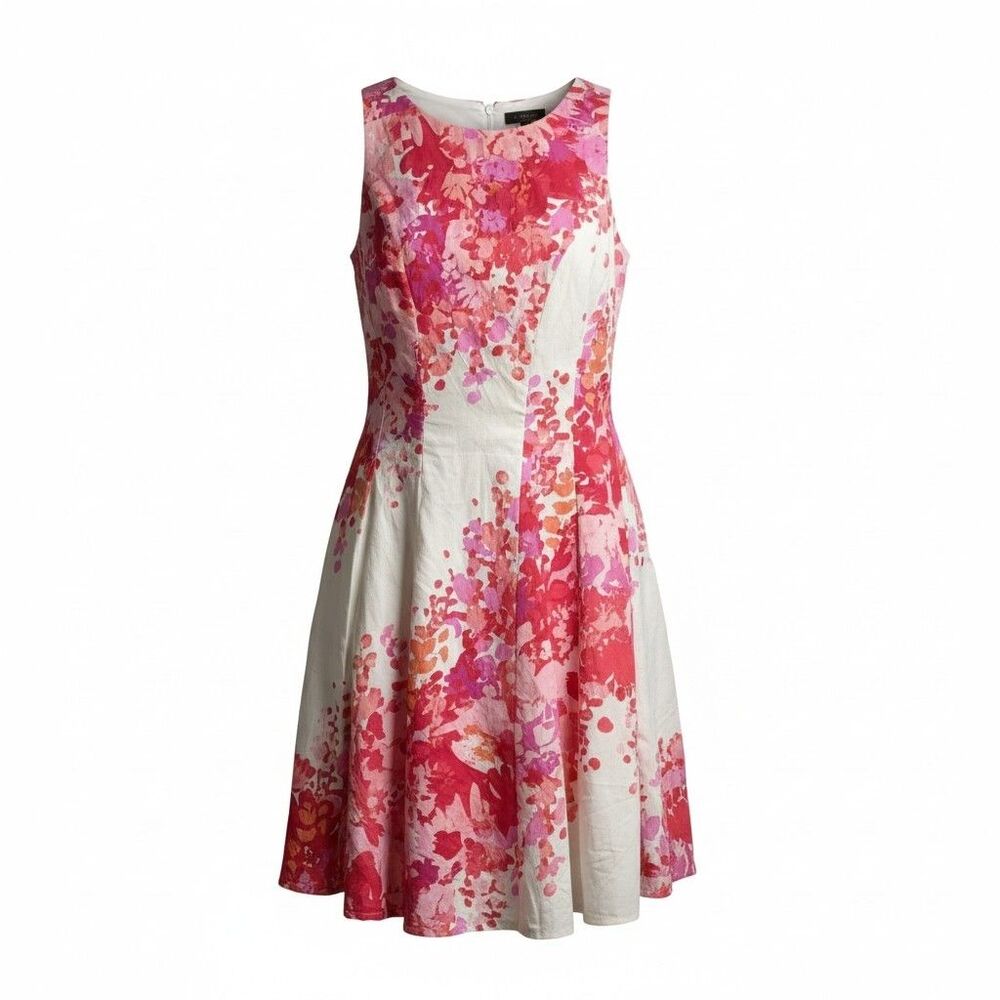 Maggy London Floral Fit and Flare Dress Sz 8 Pink Red Spring Summer Easter Short